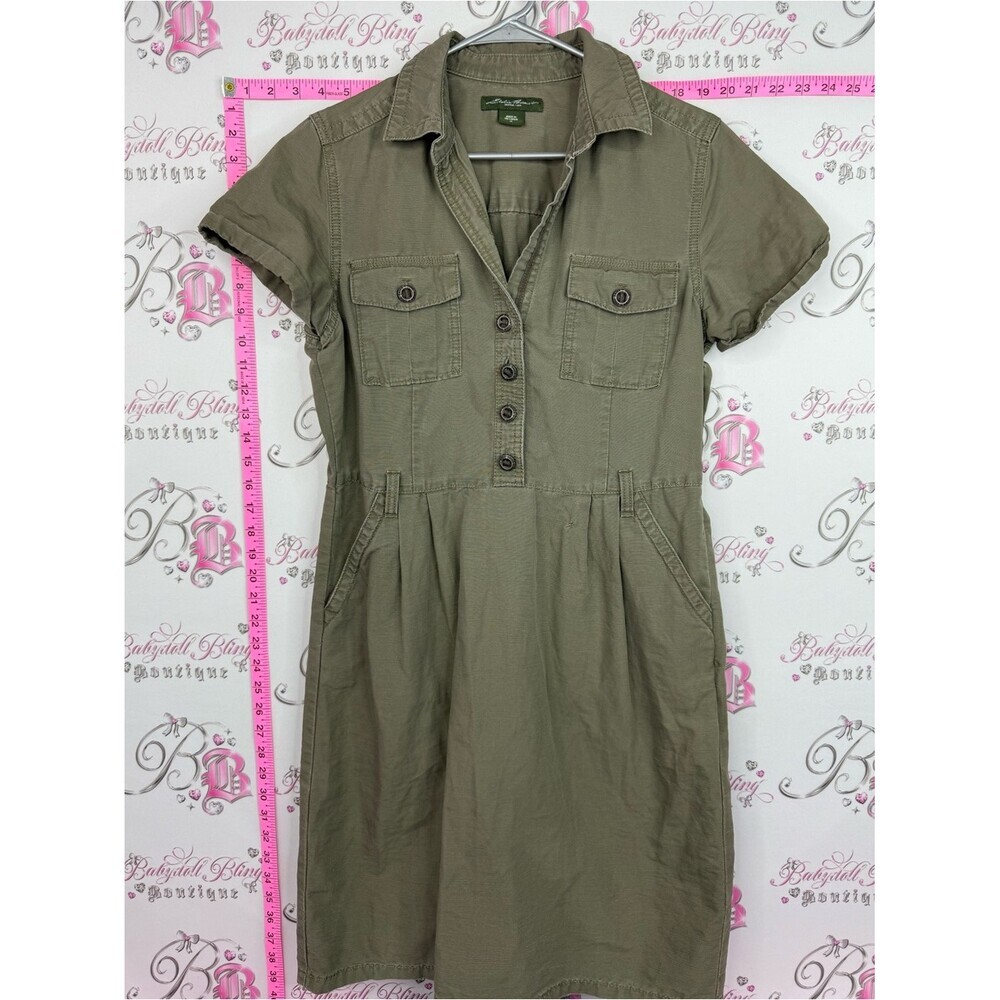 Eddie Bauer dress vintage buttons cargo Olive Green Utility Shirt Dress